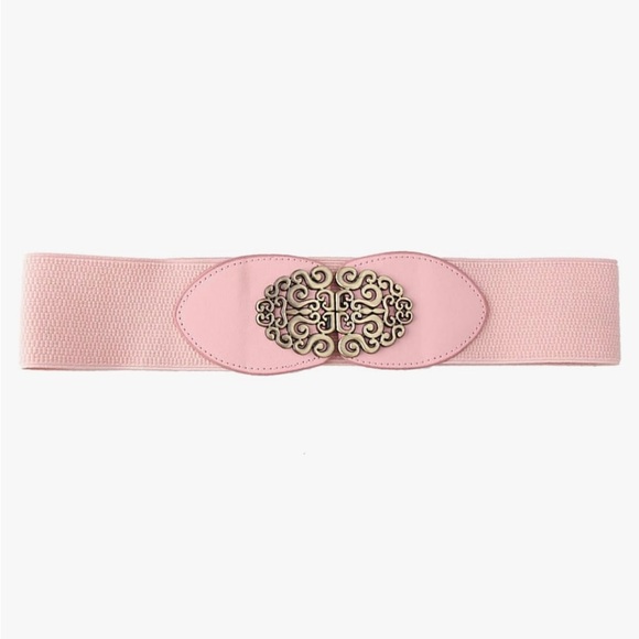 Pink Elastic Leather Gold Swirl Detail Buckle Wide Belt - Picture 2 of 4